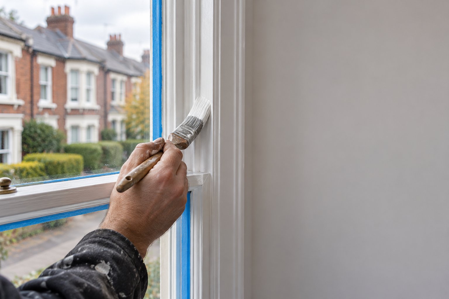 A decorator painting a white sash window frame