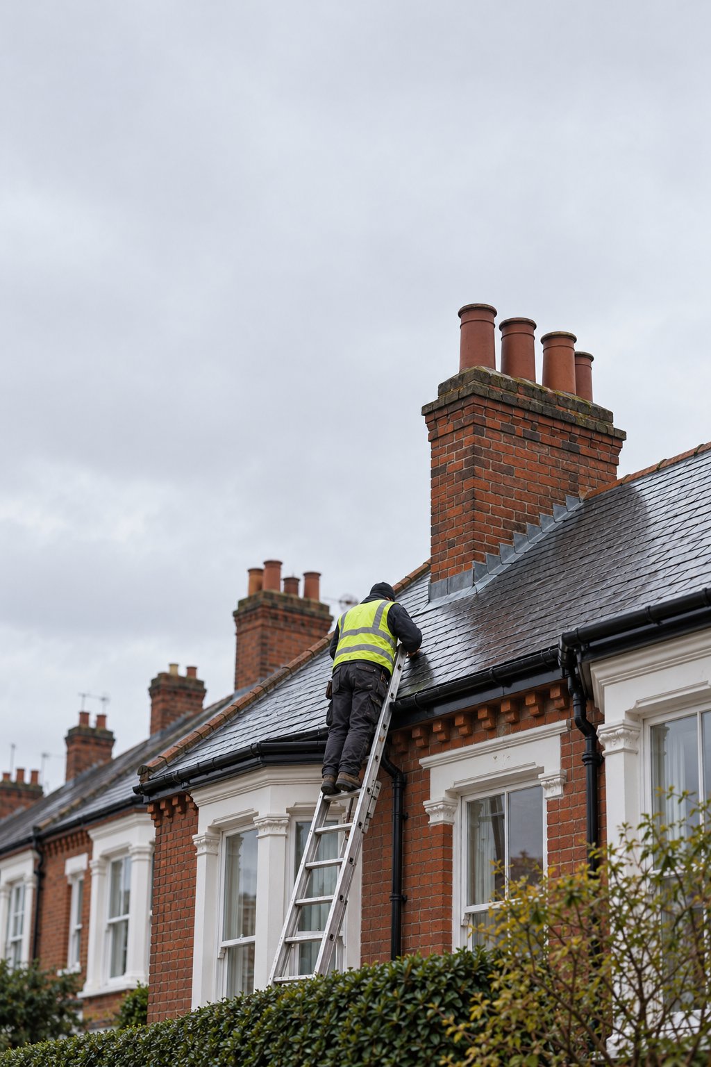 A roofer on a ladder repairing the roof of a red-brick terraced house